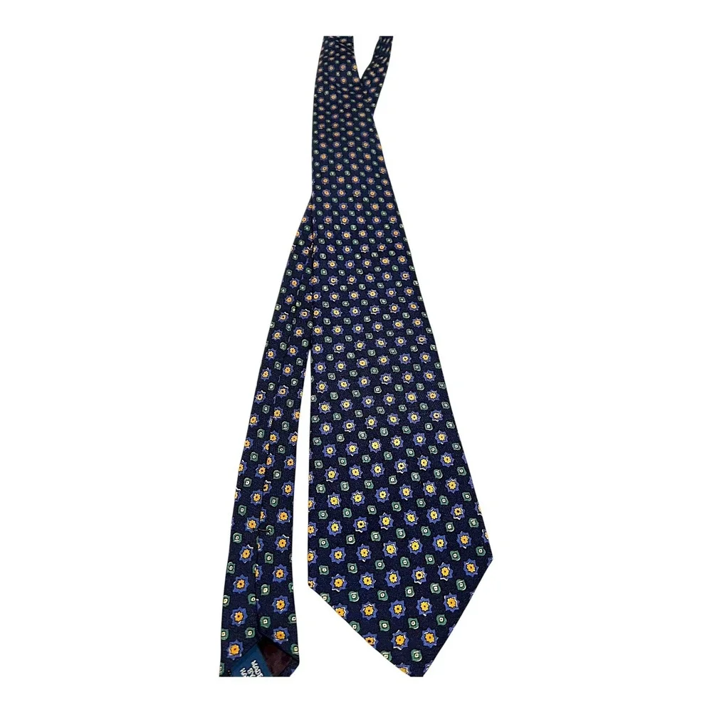 Polo Ralph Lauren Mens Floral Necktie Navy Blue Yellow Green Plaid Hand Made‎